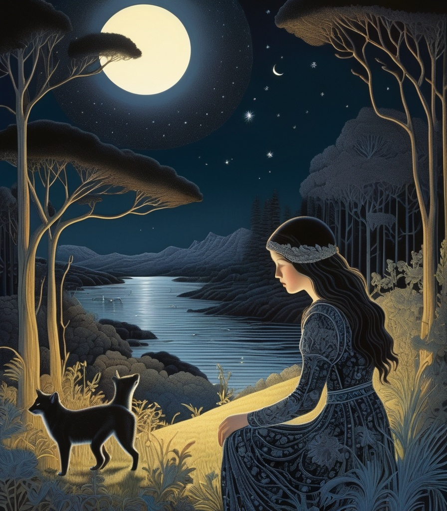 Prompt: She is a night girl with night animals style of Nicholas Hughes, Genevieve Godbout, Morris Hirshfield, Robert Gillmor, Amy Giacomelli. Extremely detailed, intricate, beautiful, 3d, high definition 