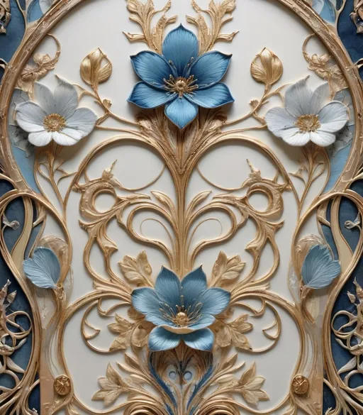 Prompt: art nouveau wallpapers in a collection, in the style of textural mixed media collages, light gold and blue, embroidery art, jewelry by painters and sculptors, porcelain, dusan djukaric, light white and light bronze, stamped lineart with medieval grunge undertones
