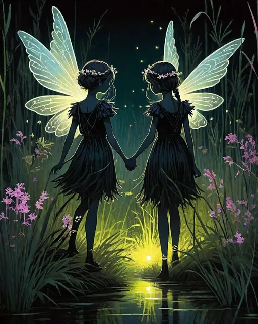 Prompt: tiny will-o'-the-wisp girls with moth wings glowing in the dark dance enticingly over a narrow path through a treacherous swamp, overgrown with lush reeds, yellow irises, pink wild rosemary and white flowering meadowsweet; black silhouettes of creepy monsters and their eyes can be seen behind the plant stems