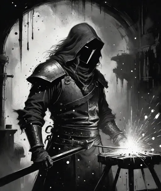 Prompt: Black and White Blacksmith, small detailed golden sparks, medieval grunge, in the style of Darkest Dungeon, Brooks Gordon, Stephen Gammell, Peter Max 