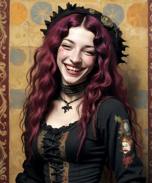 Prompt: botticelli goth punk rock woman medieval grunge rebellion laughing smile 