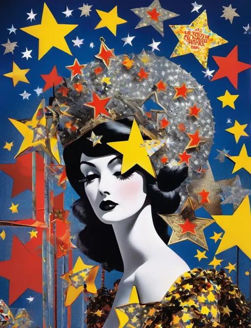 Prompt: vaudeville girl with asterism stars in fornasetti style, by laurie simmons and  Andy Gilmore