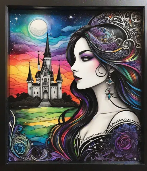 Prompt: a zentangle ferrotype portrait of In a gothic galaxy castle a vampire gazes through a window at the ethereal magic layers swirling in the vivid rainbow solar night in the style of Melanie Delon,  Victoria Francés, Rebeca Saray, Lin Fengmian, Anna dittmann, Justin Gaffrey, Michael Creese