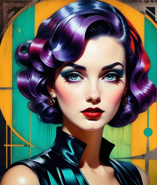 Prompt: pin up Goddess of Ghastly glitchpunk, style raw, James Avati, crossed gradient colors, piercing odd colored eyes, Javier Mariscal and Charles Rennie Mackintosh style, encaustic texture.