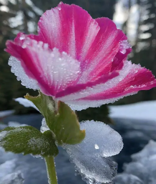 Prompt: hot vs cold, a enchanted flower with a fire stem and ice petals 