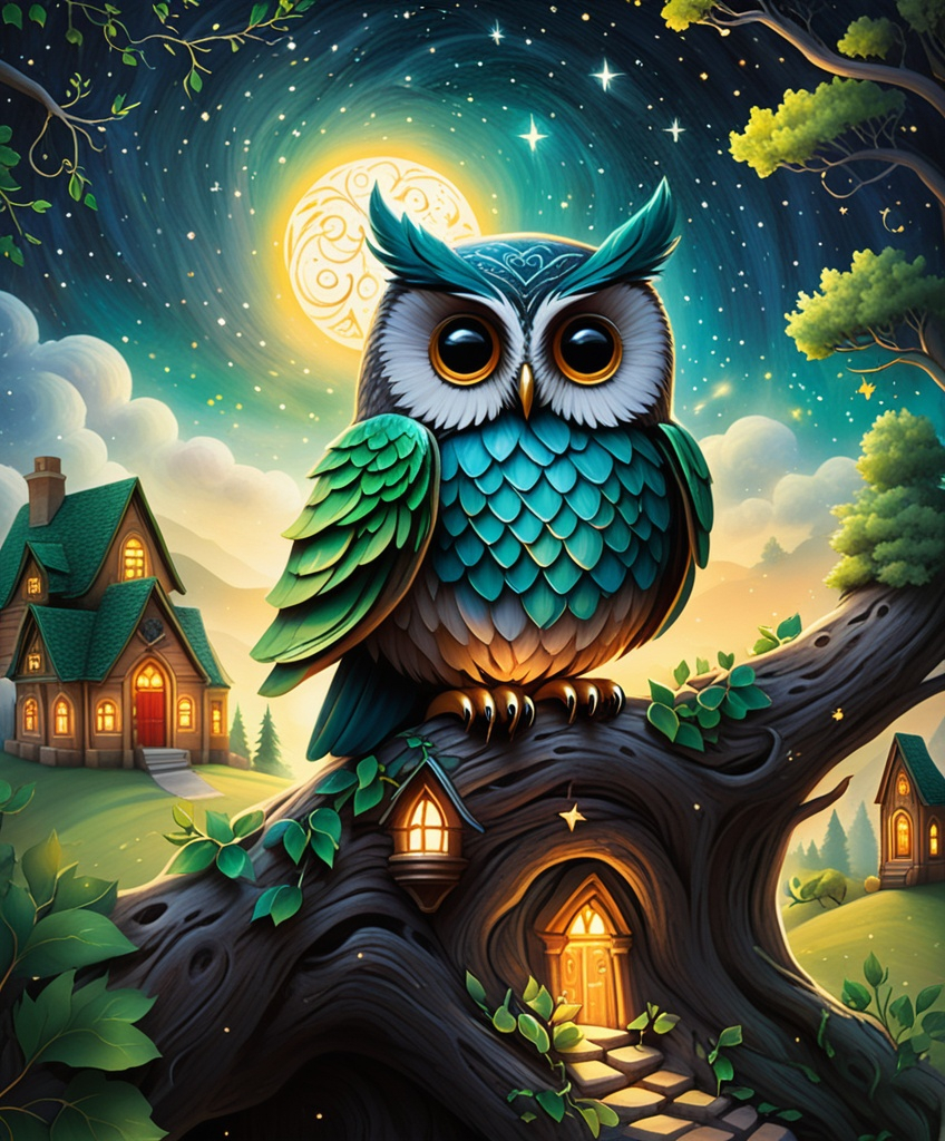 Prompt: Graffiti: Once, in a quaint village nestled among emerald hills, there lived a wise old owl named Hoot. Hoot was revered by all for his knowledge and insight. Each evening, as the sun dipped below the horizon, villagers would gather around Hoot's ancient oak tree. With his deep, soothing voice, Hoot shared tales of yore and wisdom about life, love, and the mysteries of the universe. His words were a blend of folklore and truth, often leaving listeners in awe. Children gazed up with wide-eyed wonder, while elders nodded in agreement. In this serene setting, Hoot's stories wove a tapestry of community, connecting generations under the starlit sky