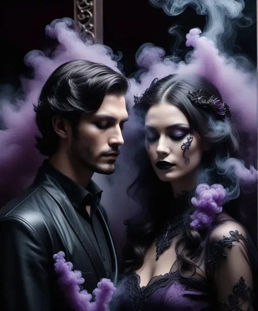 Prompt: smoky headed couple, black plums of fluid smoke simulation flow from the neck, the gate keepers fantasy, sinister, unnerving 