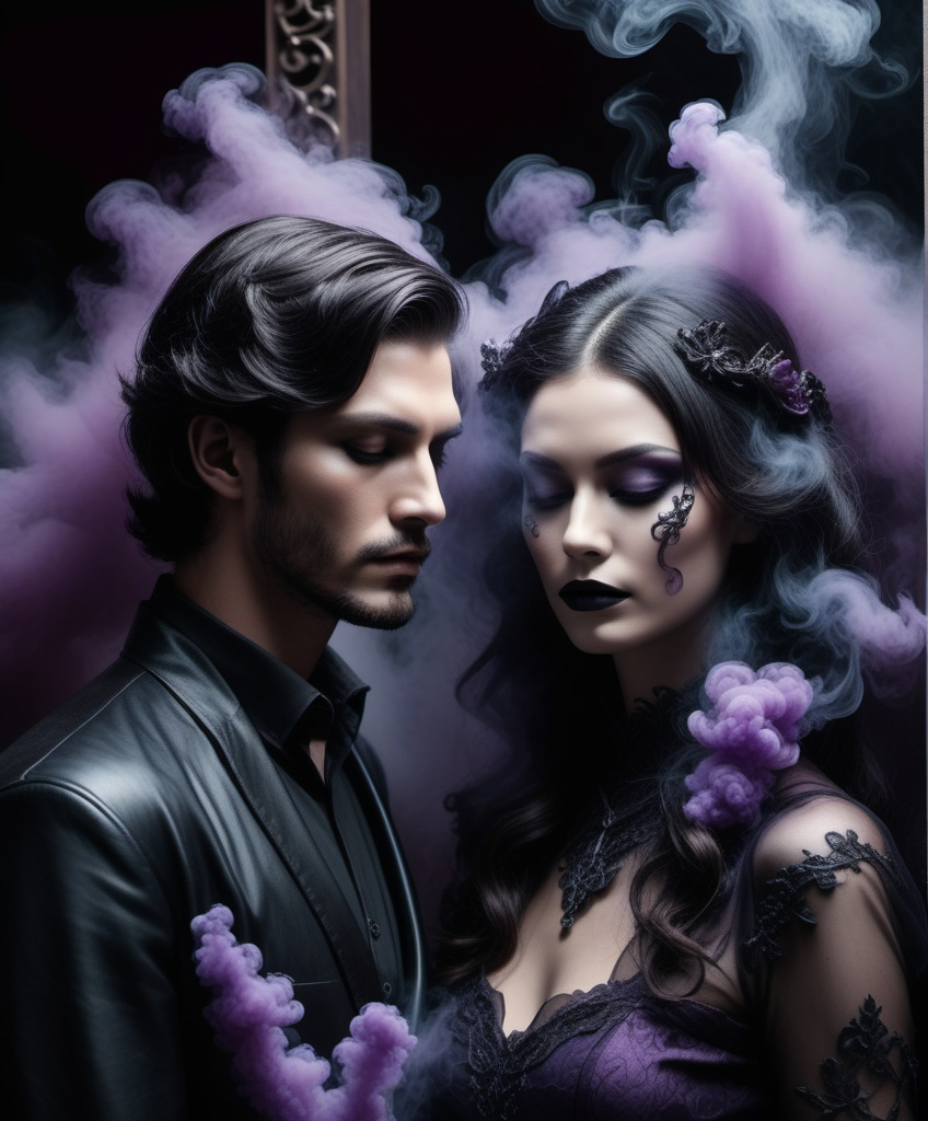 Prompt: smoky headed couple, black plums of fluid smoke simulation flow from the neck, the gate keepers fantasy, sinister, unnerving 