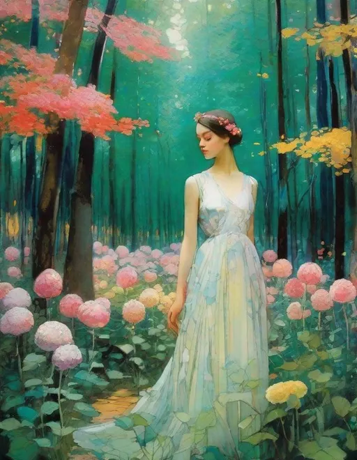 Prompt: Lovely pretty beautiful young lady, beautiful face, in a magical whimsical fashion forest in bloom Illustration art by Ferdinand Hodler, Romulo Royo, Yves Saint-Laurent, Yulia Brodskaya, Edward Julius Detmold, Paolo Roversi, Thomas Edwin Mostyn, Hiro isono, James Wilson Morrice, Axel Scheffler, Gerhard Richter, pol Ledent, Robert Ryman. Guache Impasto and volumetric lighting. Mixed media, elegant, intricate, beautiful, award winning, fantastic view, 4K 3D, high definition, hdr, focused, iridescent watercolor and ink