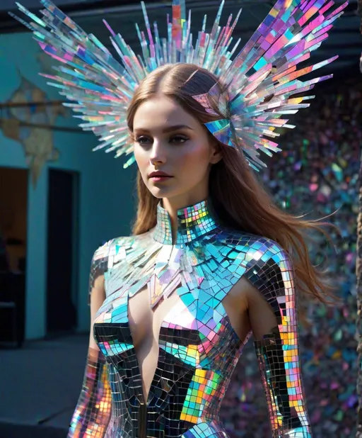 Prompt: A majestic lady, her form ingeniously crafted from a myriad of shattered CDs, standing amidst a garage sale in a prism-punk utopia. This ethereal figure, a mosaic of reflective fragments, exudes an aura of serene omnipotence. The CDs, once symbols of a technological past, now repurposed, give her a radiant, holographic appearance. The surrounding environment is a fusion of vivid colors and geometric shapes, embodying the quintessence of prism-punk aesthetics. Imagine a time-lapse effect at play, where the world around her moves in accelerated motion: people perusing the garage sale blur into swift, fluid movements while she remains a tranquil, unchanging beacon amidst the hustle. Sunlight catches on her fragmented form, casting kaleidoscopic patterns that dance across the utopian landscape. This scene encapsulates ultimate serenity within a dynamic, ever-changing world, symbolizing the timeless grace amidst the relentless passage of time. 