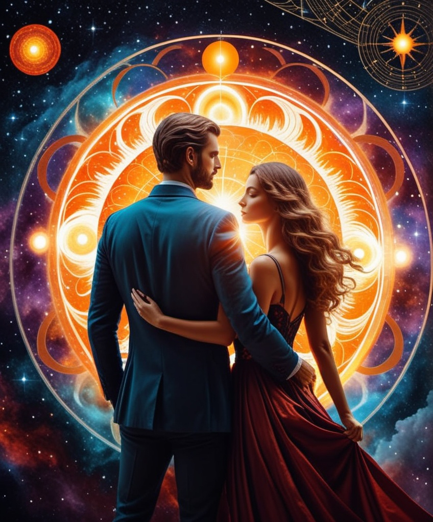 Prompt: heliocentric man and woman connected by energy, loss, betrayal, sadness, vivid dreams