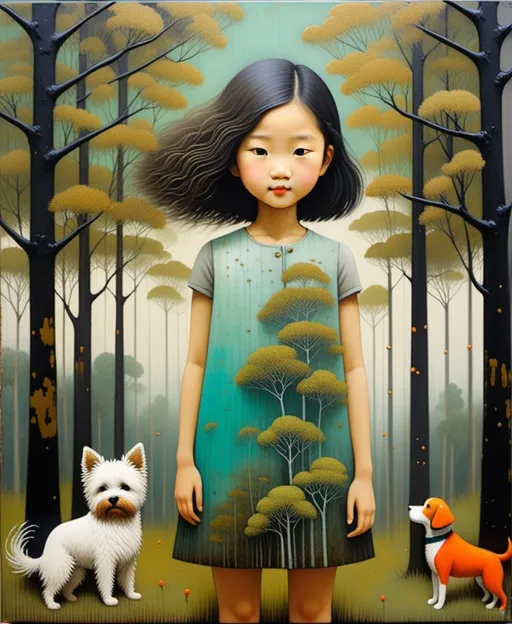 Prompt: Encaustic Gritty patina painting, The beautiful darling young lady with blowing hair and a silly dog art by Liu Ye, Albert Dubout. Whimsical forest background, Extremely detailed, intricate, beautiful. 
