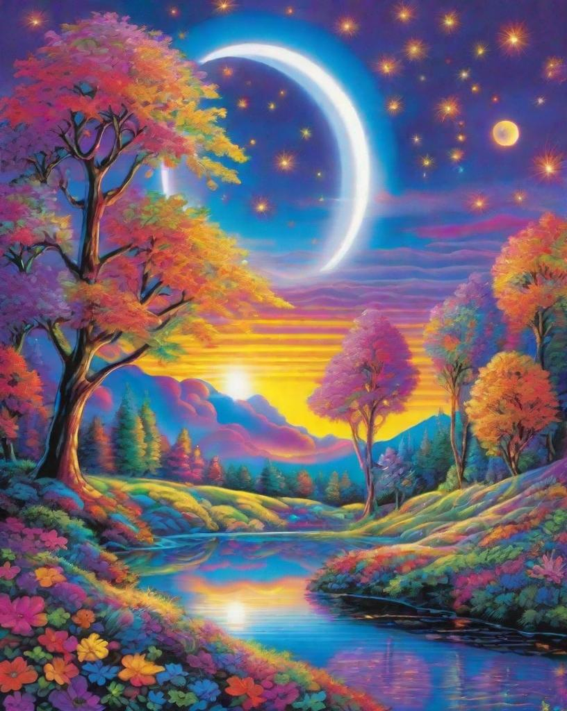 Prompt: Lisa Frank's style portrays a medieval legend where ethereal beings, illuminated as will-o'-the-wisps, dance around an ancient, moonlit lake. The scene is rich in romantic symbolism, with the will-o'-the-wisps depicted as delicate, ghostly figures. Their dance creates a mesmerizing pattern of light, leading the viewer's eye through the mystical, moonlit waterscape. 