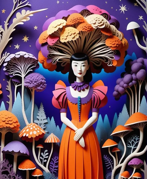 Prompt: She is a delightful darling girl, Flamboyant atmosphere, Albert Dubout, Kate Leth, stop motion animation hypnagogic maximalism physicsbased paper collageaem, in the style of mycelium explosion shading, Crossed colors purple rainbow, expert draftsmanship, sculpture, oil pencil sketch 