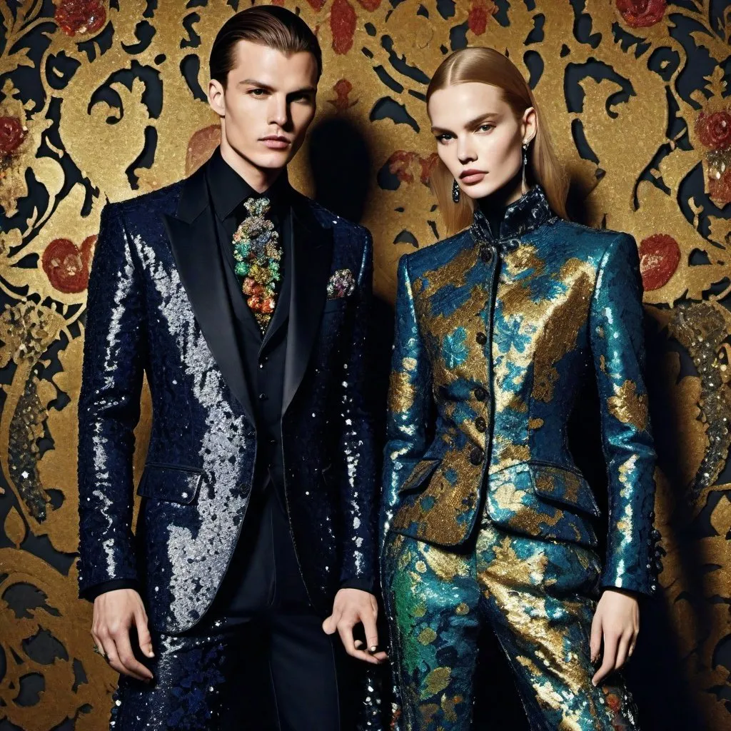 Prompt: Style by Brett Walker, John Olsen, Alexey Brodovitch: medieval grunge fashion, Man and Woman, stylized medieval fabulousness Balenciaga suits , embroidered with sequins, rhinestones, colorful sequins, damask shoes, evening scene , Deco