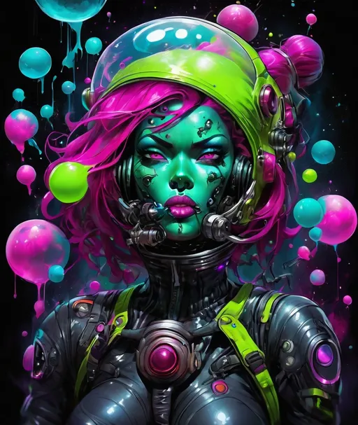 Prompt: the craziest and strangest space pilotssartorial cell shaded roguecore voodoo, she is a beautiful dark villain. and rebell. excessive molecular bubble gum elements, vibrant wild artful toxic neon biomechanic urban art smooth and elegant deep emotions strong expressions, negative space colorful ink painting