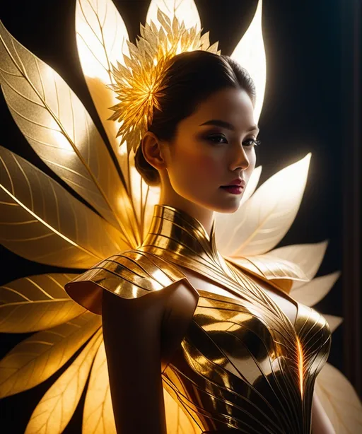 Prompt: Gorgeous lady in radiant lightneams through the dark made of gold leaf, sharpened, 32k, art by ChrisWaikikiAI
