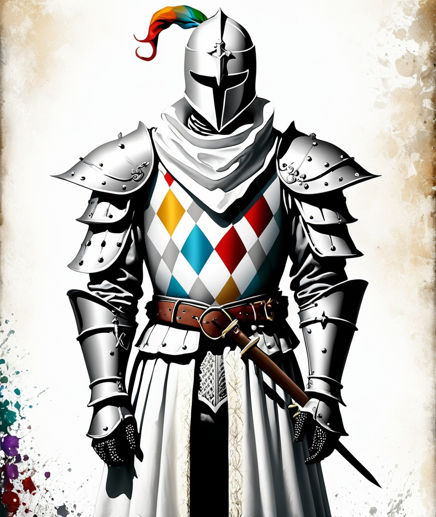 Prompt: harlequin knight in white satin , medieval grunge 