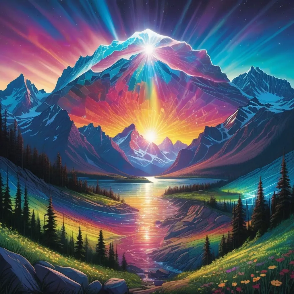 Prompt: Immerse yourself in the world of laser etched creativity with a reinterpretation of Glacier National Park, bursting with vivid colors and intricate details. Complement this artistry with a prism photography technique, highlighting the interplay of light and colors.