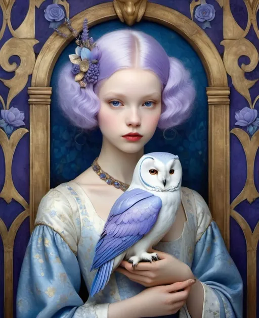 Prompt: Albino girl with, lavender hair, she is holding her blue owl friend, Tudor interior, portrait inspired by Catrin Welz - Stein, Victor Nizovtsev, Gustav Klimt, highly detailed and elegant painting, organic surrealistic shapes, exquisite composition, intricate detail, ultra maximalism