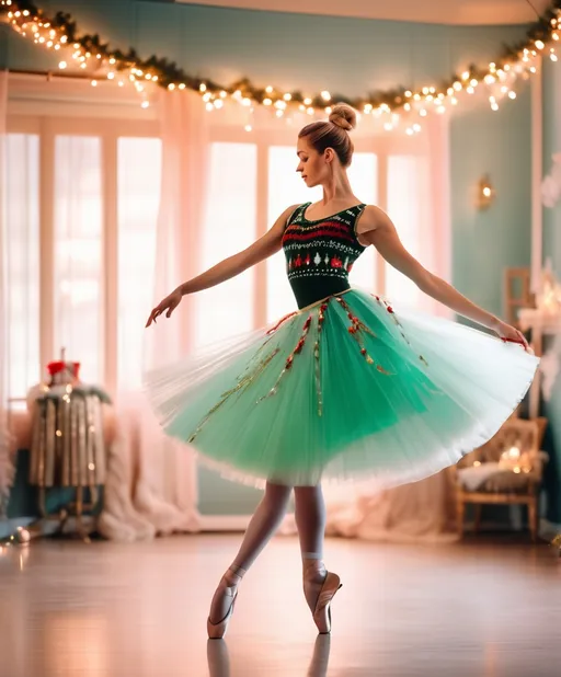 Prompt: a gorgeous ballerina, dancing with a ugly Sweater dress in a whimsical setup, soft colored, lush aesthetic