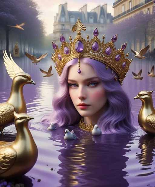 Prompt: The beautiful lady, She is underwater, 🦀 flood water in paris, cat among pigeons, 🎆 ethereal fashion holy ark of covenant discovery, gold gilded details I feel the lavender haze creepin' up on me , shimmering, photography by annie leibovitz, Ori Gherst,Animorphia - Kerby Rosanes, James christensen , 16K HD, sharp focus, attention to details 