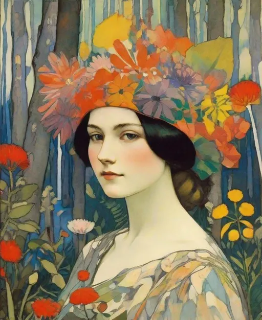 Prompt: Lovely pretty beautiful young lady, beautiful face, in a magical colorful forest in bloom Illustration art by Ferdinand Hodler, Mimmo Rotella, Sam Toft, Yulia Brodskaya, Edward Julius Detmold, Paolo Roversi, Thomas Edwin Mostyn, Hiro isono, James Wilson Morrice, Axel Scheffler, Gerhard Richter, pol Ledent, Robert Ryman. Guache Impasto and volumetric lighting. Mixed media, elegant, intricate, beautiful, award winning, fantastic view, 4K 3D, high definition, hdr, focused, iridescent watercolor and ink
