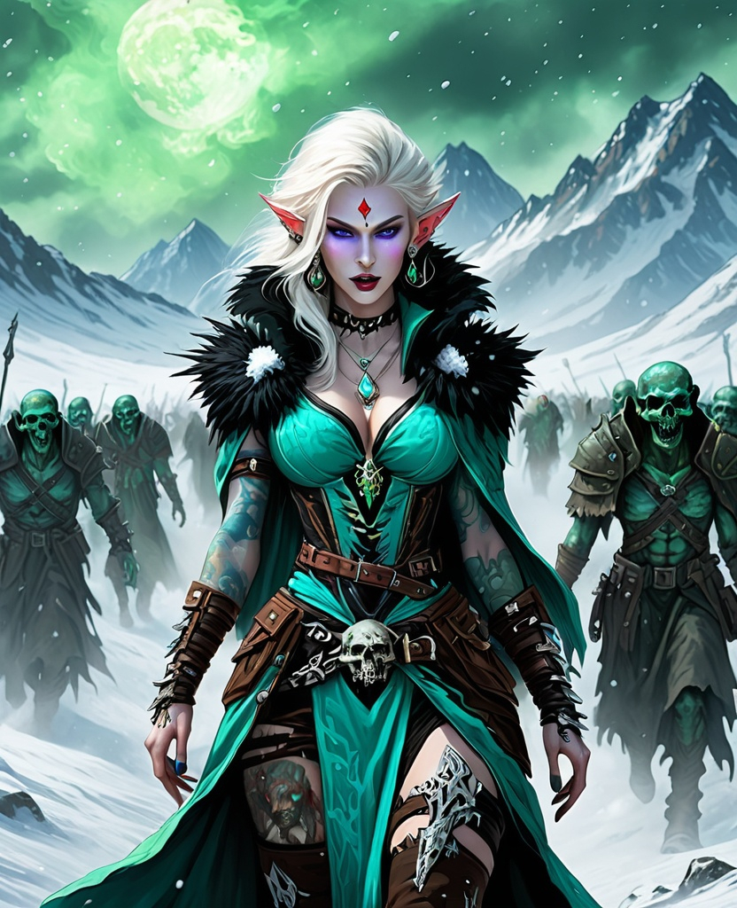 Prompt: a divine godess elf necromancer from the void, jewelry, earrings, evil, with a horde of zombies in tundra, haze, snow storm style by van Gogh 