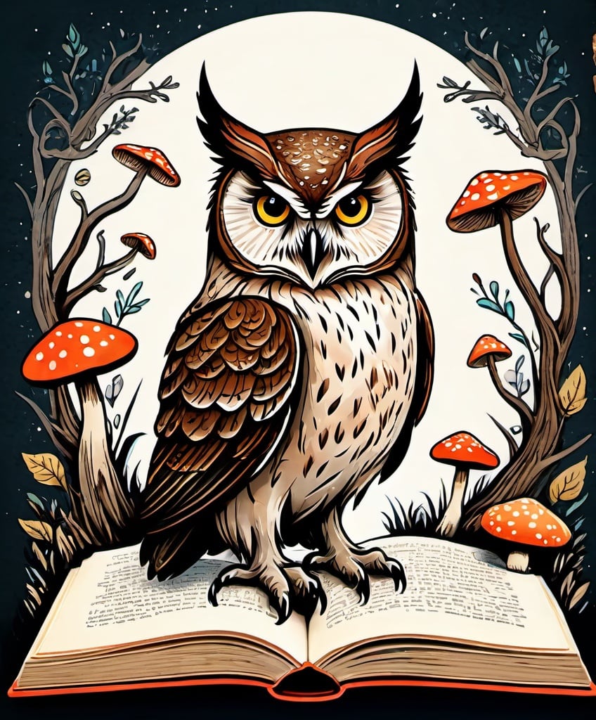 Prompt: the old horned owl guardian of the mythical creatures and protector of the small living mushrooms, old book illustration, rustic fairytale-like drawing style, many small decorations, marginalia,colored ink