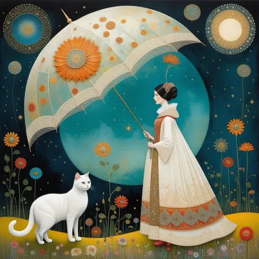 Prompt: Art style by Sam Toft, Florine Stettheimer, Dina Wakley, catrin welz-stein, Gabriel Pacheco, Elisabeth Fredriksson, using encaustics Paint and sandpaper to give the image texture: a stylized elegant whimsical slander tall girl with pale skin, wearing a long, ornate dress with intricate patterns and warm, earthy colors, walking beside a big tall fluffy white cat. The setting is ethereal, with a background of a starry sky that merges into a swirling cosmos with celestial bodies and vibrantly colored, stylized planetary rings. The ground is adorned with delicate, stylized flowers, suggesting an otherworldly garden. Both characters have a serene expression, and their presence adds a magical and surreal touch to the scene.