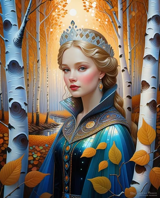 Prompt: the wayward princess in the birch forest, style of victor nizovtsev, jocelyn hobbie, iridescent, otherworldly places, realistic hyper-details, ultrafine detail, shimmery 