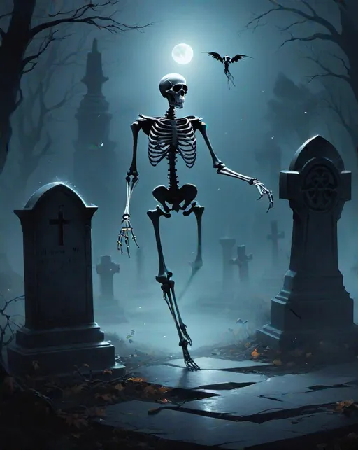 Prompt: one will-o'-the-wisp dancing on a marble grave, the will-o'-the-wisp has arms and legs, the will-o'-the-wisp is dancing, a skeleton s watching, dark cemetery background, illustration designed by Christopher Balaskas 