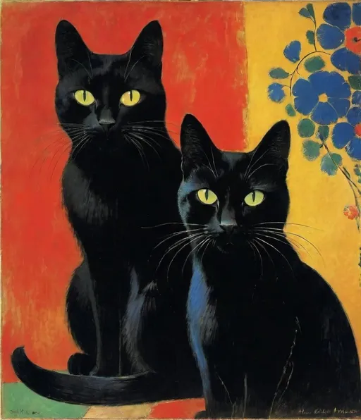 Prompt: there is no such thing as with an unreasonable amount of cats, two black cats by Odilon Redon and Henri Matisse, longhair, shorthair