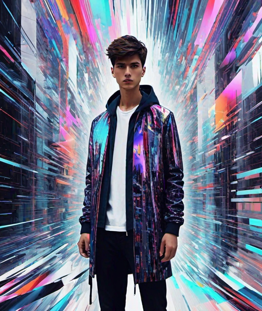 Prompt: Create a digital art piece using the glitch art technique, where sartorial imagery is distorted and manipulated to evoke a sense of digital chaos.