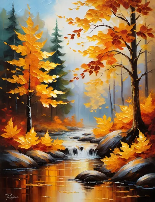 Prompt: impressionism oil painting technique. the essence of fall with gold leaf-kissed leaves in a vibrant forest. Warm hues of amber and russet swirl around a solitary tree, and the golden cascade delicately falls, painting a scene of seasonal transition that harmonizes nature's beauty with the elegance of gold leaf. 