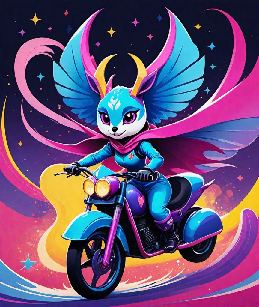 Prompt: a blue and purple illustration of an animated cartoon character riding a hot vs cold, in the style of dark pink and yellow, natalia goncharova, anthropomorphic animals, okuda san miguel, sofonisba anguissola, fairycore, album covers 