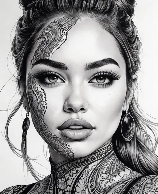 Prompt: an insanely hyper detailed black ink drawing of a beautiful face. Hyper realism every eyelash and skin pore lips ears hair neck, masterpiece and realism and salty wild funny quirky expression as she trips in the void. Unique exquisite fantastic art. 