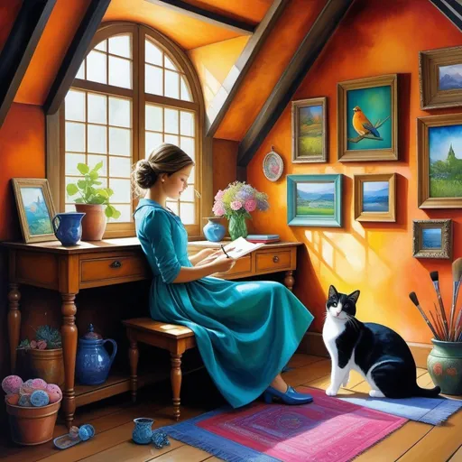 Prompt: A solitaire very pretty young girl in a cozy corner of her beautiful small attic studio, she uses her painting brush to give life to her imaginary whimsical pets friends, using watercolors, patinas, acrylics paint to capture their vibrant personalities. A surreal portrait with dreamy surreal quality, vivid hues, impasto, using whimsical colors. Use style by Dina Wakley, Melissa Launay, Jeannette Guichard-Bunel, Raqib Shaw, Catrin Welz-Stein