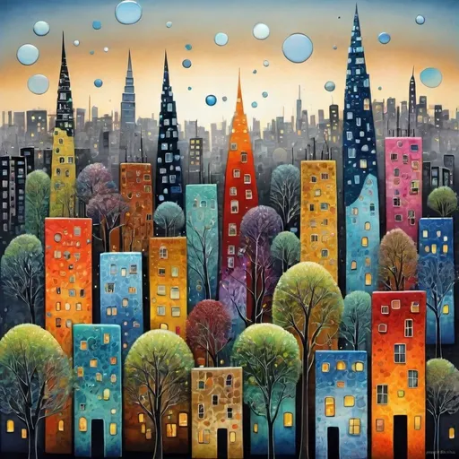 Prompt: A beautiful dreamy city , tall buildings with whimsical fused glass trees, twilight sky Illustration art by David Martiashvili, Carsten Meyerdierks, Marimekko, Lee Madgwick, Ryan McGinness, Mary Fedden, Yvonne Coomber. 3d, watercolors and ink, beautiful, fantastic view, extremely detailed, intricate, best quality, highest definition, rich colours