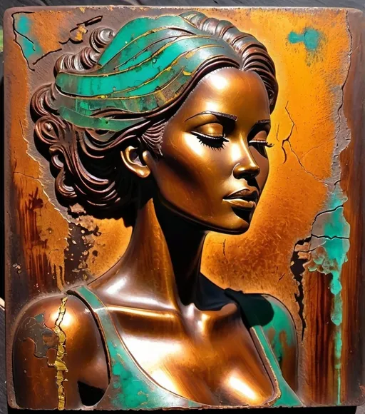 Prompt: a highly detailed abstract woman in rusted patina metal with beautiful vibrant colors, the background is dark and there's a small green glow on top of it, there are some cracks in the wood that have been filled with acrylic paint, the bottom half has golden streaks of light shining through from behind