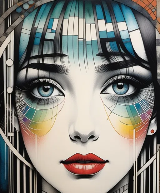 Prompt: Lithography print, fine lines, gradient colors, a beautiful whimsical girl, piercing heterochromia colored eyes, Javier Mariscal and Charles Rennie Mackintosh style, encaustic texture.