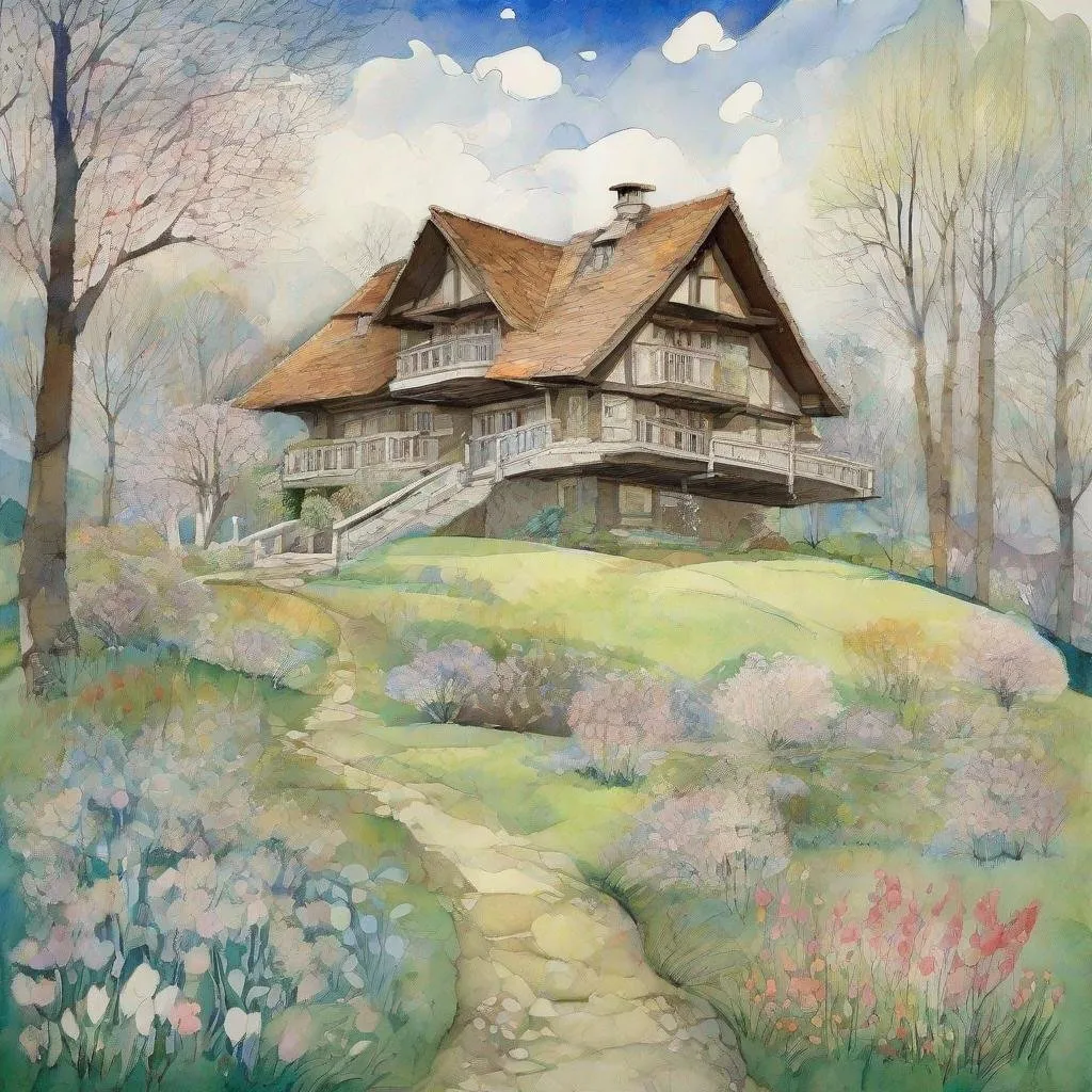 Prompt: Bucolic spring chalet Illustration art by Anne Redpath, Bill Bell, Catherine Holman, Albert Irvin, Mikalojus Konstantinas Ciurlionis. Extremely detailed, intricate, beautiful, guache and pen Ink. 3d, high definition, fantastic view. Impasto Watercolors and Ink, volumetric lighting