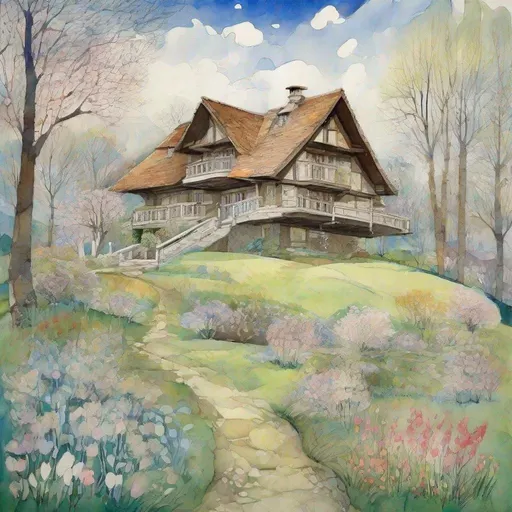 Prompt: Bucolic spring chalet Illustration art by Anne Redpath, Bill Bell, Catherine Holman, Albert Irvin, Mikalojus Konstantinas Ciurlionis. Extremely detailed, intricate, beautiful, guache and pen Ink. 3d, high definition, fantastic view. Impasto Watercolors and Ink, volumetric lighting