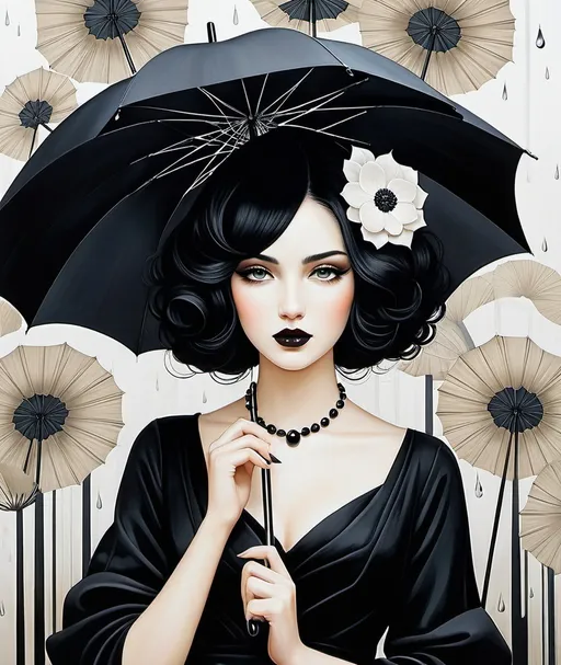 Prompt: illustration of lovely pretty girl holding an umbrella, in the style of surrealist-inspired works, gothic neo-pop surrealism, Hayv Kahraman, Anselm Kiefer, Jamie Heiden, Lotta Jansdotter, dark white and black, rain, metropolis with flowers background , jewelry by painters and sculptors, vienna secession, elegant, emotive faces, bubble goth, subtle playfulness
