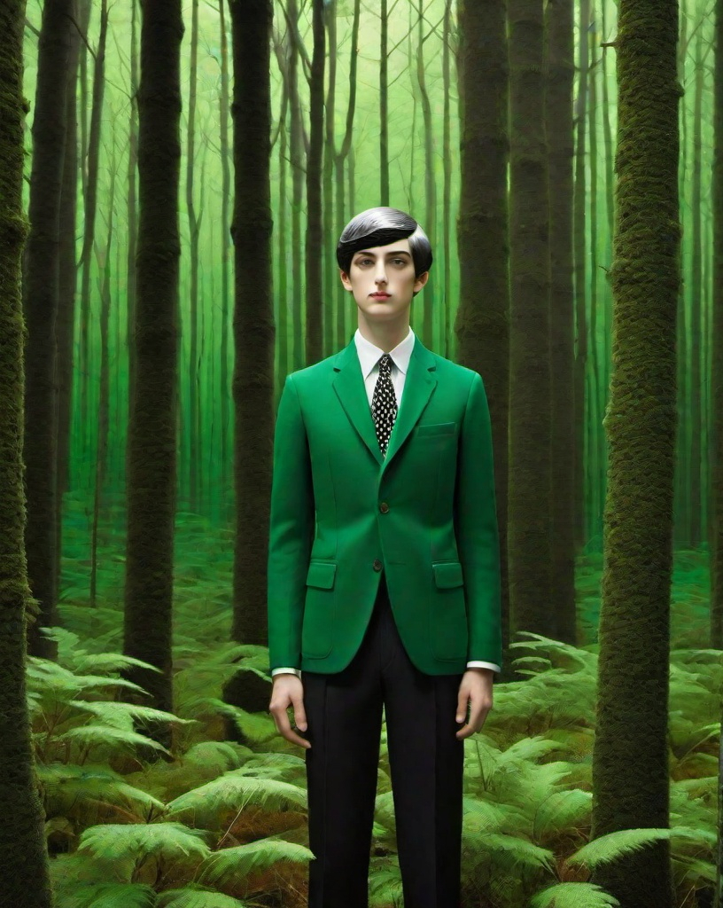 Prompt: maximalist Will-o'-the-wisp boy of the fornasetti forest, by laurie simmons, minimal male figure will-o'-the-wisping