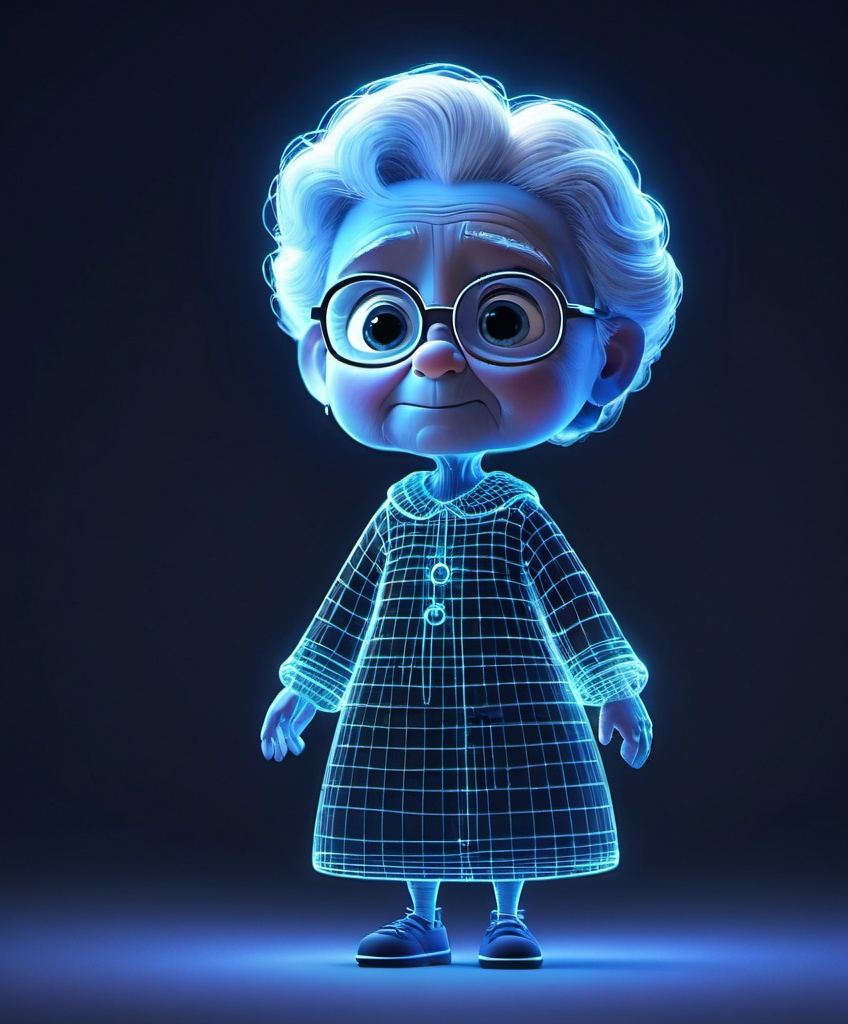 Prompt: cute Pixar wireframe hologram old grandmother's soul reincarnated as a hologram