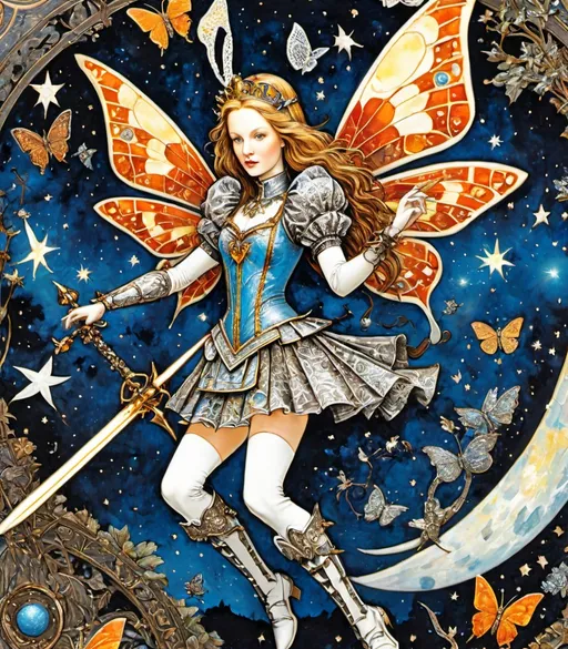 Prompt: Supermodel alice in wonderland, decoupage, celestial bodies, intertwined with encaustic painting, impasto , butterflies, craquelure, egg tempera effect, plethora of pokemons lanquerware with mother of pearl inlay, vampiress godess, spread dark dragon wings, in the asterism sky, medieval armor with geoglyph engraves, in action, with a heliocentric kinetic glowing spear, comics cover by barry windsor-smith, faerietale couture, dark fantasy