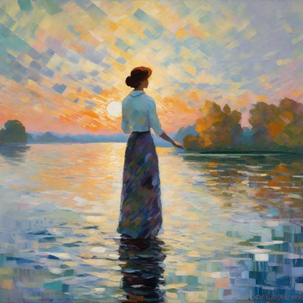 Prompt: Create a painting that captures the momentous day when a woman became a nation's leader, using the peaceful lake scene as a metaphor for the calm before the challenges ahead. The backdrop is infused with the soft, diffused light of 19th-century Impressionist Claude Monet, symbolizing the dawn of a new era. The woman herself is portrayed with the bold, geometric lines and vivid colors of 20th-century Kazimir Malevich's Suprematism, reflecting the revolutionary change in societal roles. The final layer adds the digital glitch art style of 21st-century artist Rosa Menkman, illustrating the symphonic disruptive yet progressive nature of this historic event.