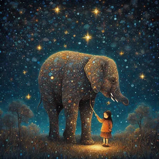 Prompt: The little native cute girl holding her star magical stick and her cute elephant friend. In style of james r eads and Sam Toft. Naive art, 3d, extremely detailed, intricate cinematic lighting, high definition 