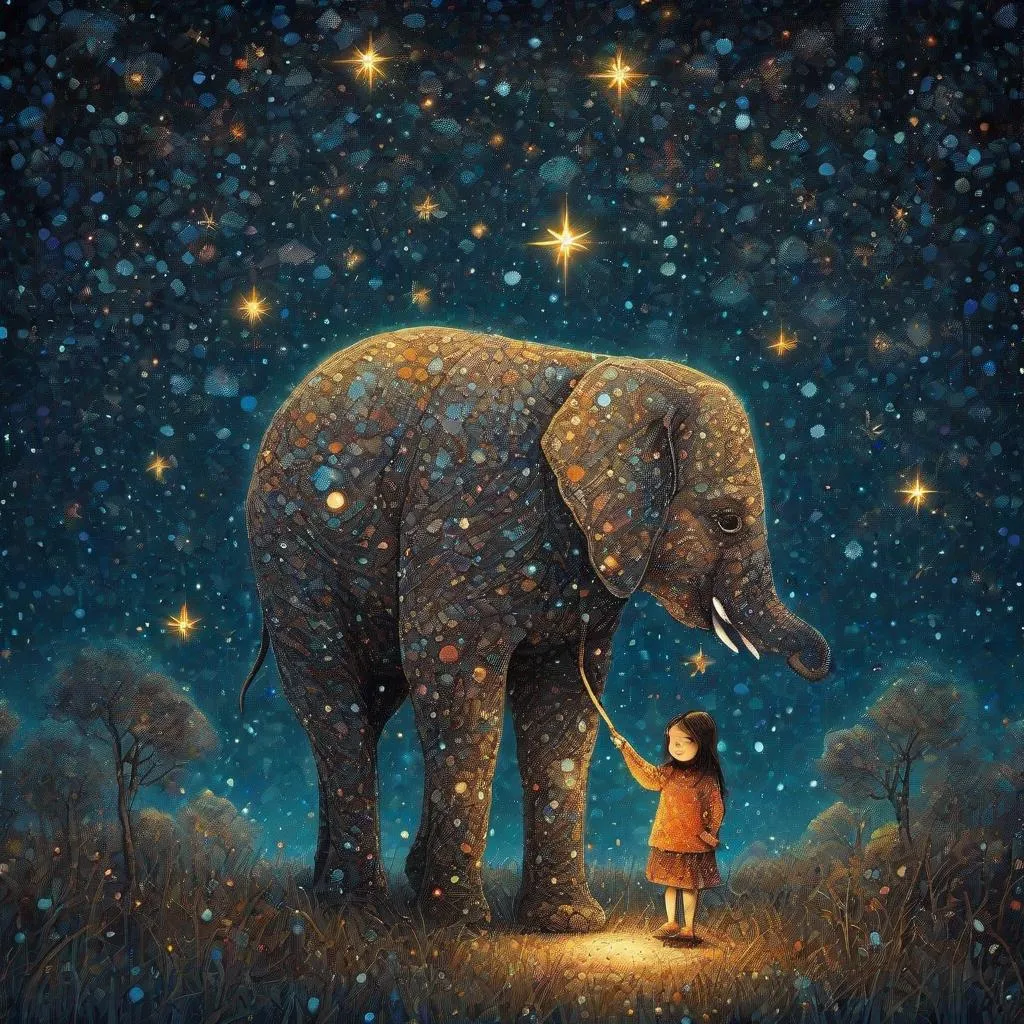 Prompt: The little native cute girl holding her star magical stick and her cute elephant friend. In style of james r eads and Sam Toft. Naive art, 3d, extremely detailed, intricate cinematic lighting, high definition 